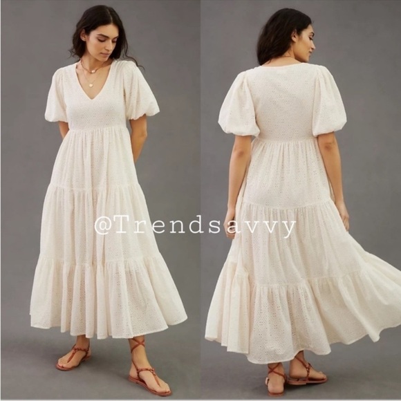 ANTHROPOLOGIE MOTHER Off White Eyelet Puff Sleeve Tiered Maxi Dress M NWT - Picture 1 of 9